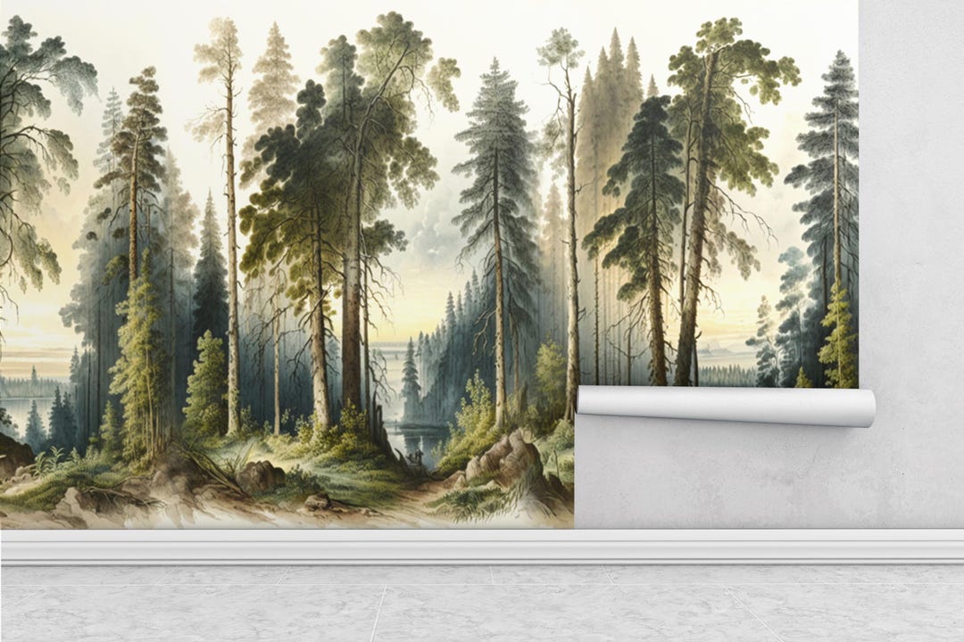 Misty Pine Forest Wallpaper Mural, Vintage Woodland Landscape Wall Art ...