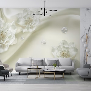 Elegant White Floral Wall Mural, 3D Textured Flower Design, Modern Luxury Wallpaper for Bedroom Living Room Home Decor