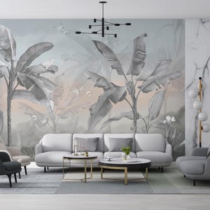Gray Banana Leaf Wallpaper, Tropical Jungle Wall Mural, Sunset Sky Botanical Wall Decor, Modern Living Room Bedroom Nature Design