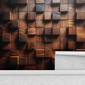 May include: A wallpaper roll partially unrolled, revealing a textured wall of dark brown wooden blocks. The blocks are arranged in a repeating pattern, creating a 3D effect. The wood grain is visible, adding depth and detail to the design.