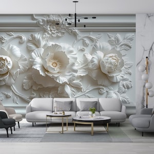 3D White Floral Wall Mural, Elegant Embossed Rose Wallpaper, Luxury Classic Bloom Design, Romantic Accent Wall Art for Bedroom & Living Room