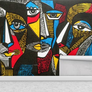 Abstract Faces Wallpaper Mural, Modern Colorful Line Art Wall Decor, Picasso Style Art Wall, Peel and Stick Contemporary Wall Mural