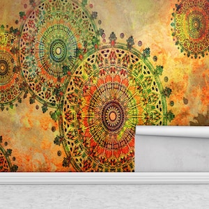 Boho Mandala Wall Mural, Ethnic Geometric Wallpaper, Tribal Pattern Wall Art, Vintage Tapestry Look, Spiritual Decor, Warm Tones Accent