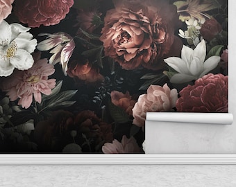 Dark Floral Wall Mural, Vintage Peony and Rose Wallpaper, Elegant Black Background Botanical Design for Bedroom or Living Room Accent Wall