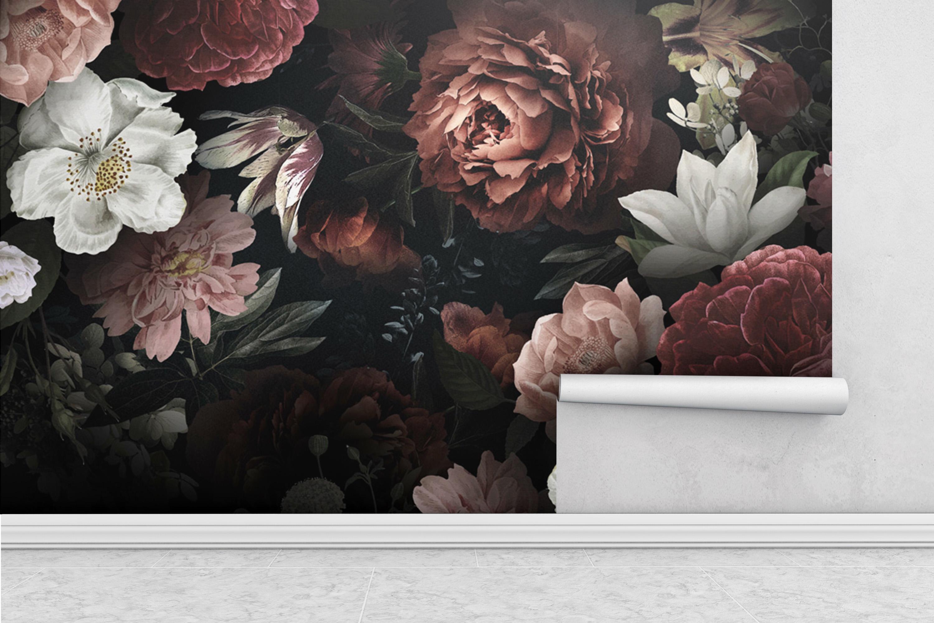 Dark Floral Wall Mural, Vintage Peony and Rose Wallpaper, Elegant Black ...
