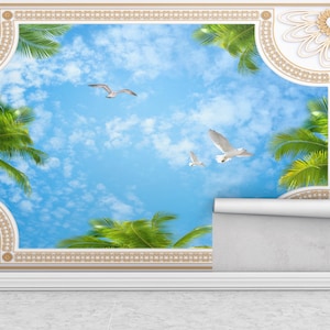 Tropical Sky Mural Wallpaper, Blue Sky Seagull Design, Palm Tree Wall Decor, 3D Ceiling Effect, Coastal Summer View for Living Rooms
