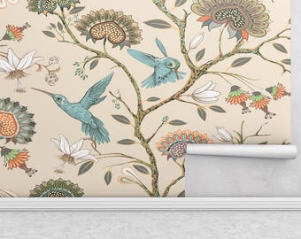ヴィンテージの鳥の壁紙、ハチドリの壁画、植物の剥がして貼る装飾、ベージュの花柄アクセントウォール、取り外し可能な自然壁アート
