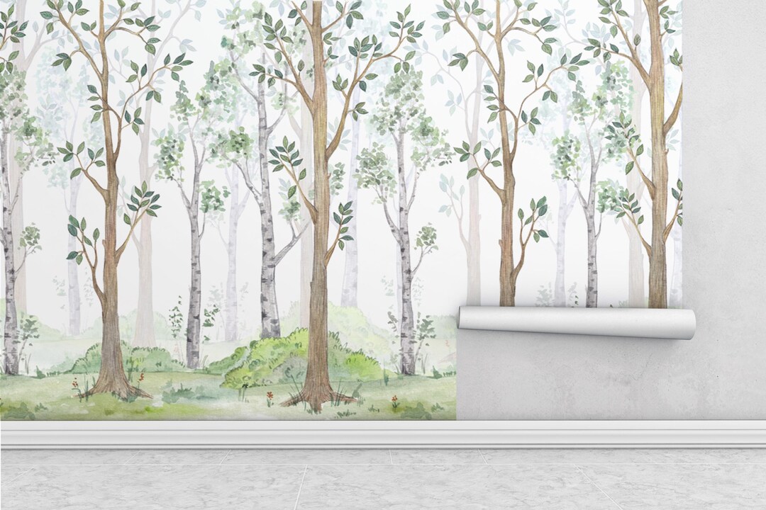 Watercolor Forest Wall Mural, Woodland Tree Kids Wallpaper ...
