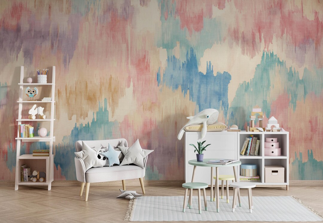 Pastel Watercolor Wallpaper, Rainbow Abstract Mural for Kids Room or ...