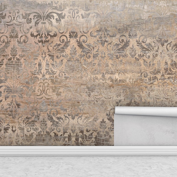 Vintage Damask Wall Mural, Aged Texture Wallpaper in Rustic Bronze and Taupe, Antique Baroque Peel & Stick or Traditional Decor