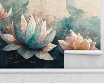 Mural de papel tapiz de flores de loto, arte de pared botánico en verde azulado y ruborizado, arte de pared floral grande, diseño sereno de nenúfar para dormitorio o sala de estar