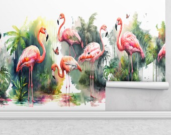 Tropical flamingo wallpaper, pink flamingo wall mural, watercolor jungle birds design for living room bedroom nursery decor