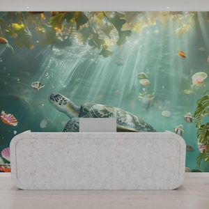 Underwater Turtle Wall Mural, Ocean Animal Wallpaper, Kids Room Decor, Sea Life Peel & Stick, Marine Leather Textured Wall Art Print
