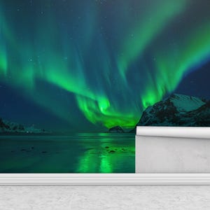 Northern Lights Wall Mural, Aurora Borealis Scenic Wallpaper, Green Night Sky Landscape, Nature Poster Option, Custom Size Wall Art