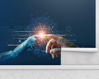 Fototapet med AI-teknik, touch-tapet med mänsklig robot, futuristisk blå vetenskapsdesign, modern kontors- eller teknikrumsinredning, alternativ för affisch