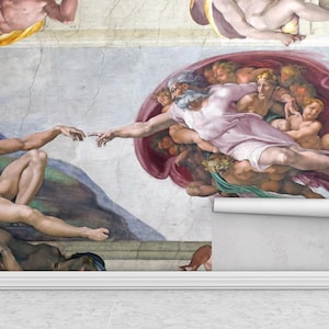 Puede incluir: Detalle de un mural que representa 'La Creación de Adán' de Miguel Ángel. La obra de arte representa dos figuras masculinas desnudas, una extendiendo la mano para tocar el dedo de la otra. El fondo muestra un cielo nublado y otras figuras.