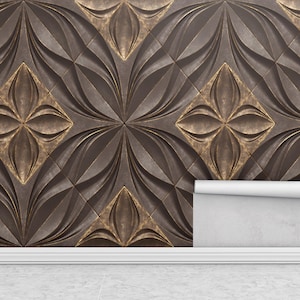 3D Metallic Bronze Geometric Wallpaper, Luxury Embossed Floral Tile Mural, Vintage Style Peel & Stick Wall Art for Living Room Decor
