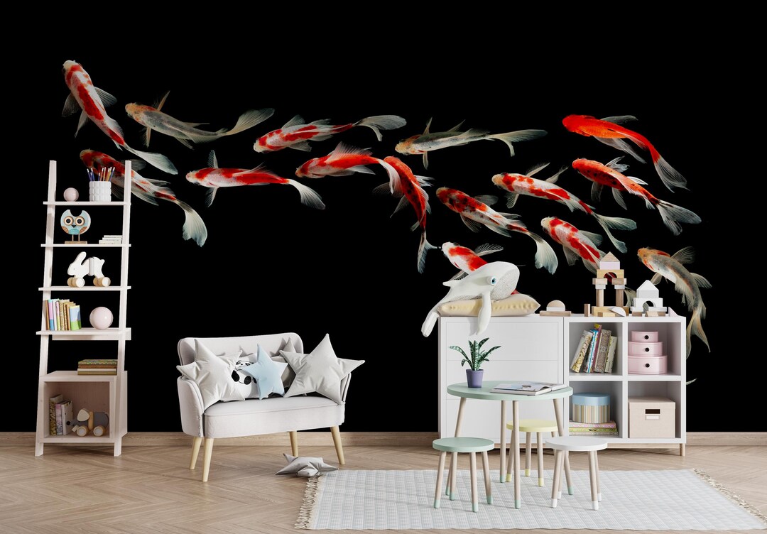 Koi Fish Wallpaper Mural, Elegant Japanese Koi Art Wall Decor, Black ...