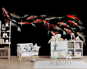 Koivissen behang muurschildering, elegante Japanse koi kunst wanddecoratie, zwarte achtergrond moderne accentmuur voor woonkamer, kantoor of slaapkamer