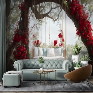 May include: An interior scene with a light blue tufted sofa, ottoman, and a brown chair. A swing bed hangs from a tree decorated with red flowers. Small gold tables and potted plants enhance the decor. A floral mural forms a dreamy backdrop.