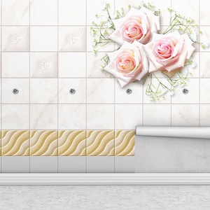 May include: A wall with cream-coloured tiles, some with a wavy pattern, and three pink roses with green accents. A roll of wallpaper is partially unrolled, suggesting a home decor theme.