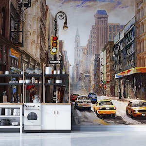 New York city wallpaper mural, urban street scene with yellow taxis, modern wall art, cityscape wall covering for kitchen or living room