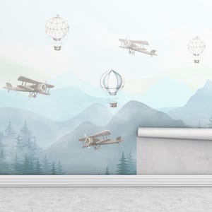 Vintage Airplane & Hot Air Balloon Wall Mural, Kids Room Adventure Wallpaper, Blue Sky Mountains Forest Scene Wall Decor
