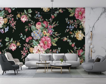 Vintage Floral Wallpaper, Dark Green Background with Colorful Blooming Flowers, Elegant Botanical Wall Mural for Living Room & Bedroom