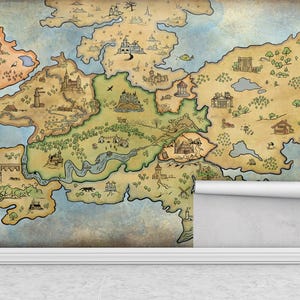 Fantasy Map Wall Mural, Medieval Style Wallpaper, Vintage Fantasy World Print, Game Room Decor, Kid’s Adventure Peel and Stick Mural