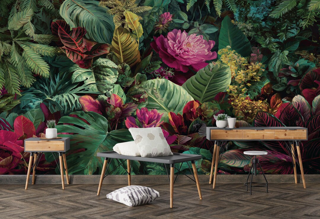 Tropical Jungle Wall Mural, Exotic Floral Wallpaper, Bold Botanical ...