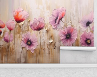 Carta da parati floreale rosa, murale romantico con fiori rosa, delicata decorazione murale botanica per camera da letto, soggiorno, elegante arredamento per la casa
