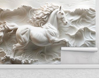水上を走る3D白馬壁紙壁画 | ドラマチックな海の牡馬ウォールアート