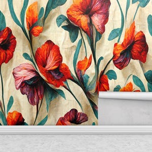 Mural de papel tapiz floral llamativo, arte de pared de amapola roja, revestimiento de pared botánico vintage, decoración con patrón de flores grandes para sala de estar o dormitorio