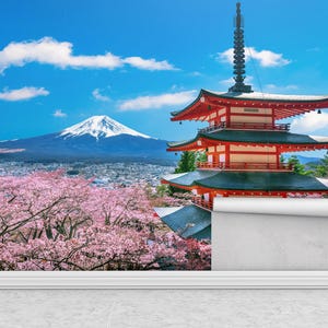 Japan Wall Mural with Mount Fuji, Cherry Blossom Trees, Red Pagoda Temple, Spring Scenic Wallpaper, Zen Asian Landscape Home Decor
