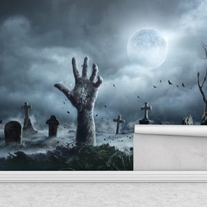 Zombie Graveyard Wall Mural, Halloween Horror Wallpaper, Scary Hand Rising Art, Spooky Poster Print, Peel & Stick Gothic Wall Decor