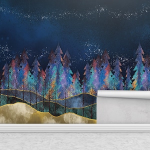 Moonlit Forest Wallpaper Mural, Abstract Night Sky Landscape Wall Art, Dark Blue Galaxy Trees Wall Decor, Peel and Stick Wall Mural