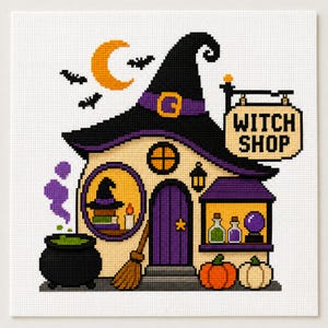 May include: A cross-stitch pattern featuring a house shaped like a witch hat with a purple door, a broom, a black cauldron with green liquid, pumpkins, and a sign that reads WITCH SHOP. The design includes a yellow crescent moon and bats.