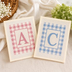 May include: Two needlepoint canvases with the letters "A" and "C". The "A" is in a pink gingham pattern, and the "C" is in a blue gingham pattern. Both letters are centered within a white border.
