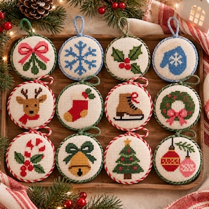May include: A set of twelve circular cross-stitch ornaments featuring various holiday motifs including a pink bow, blue snowflake, holly, mitten, reindeer, stocking, ice skate, wreath, candy cane, bell, Christmas tree, and two ornaments.