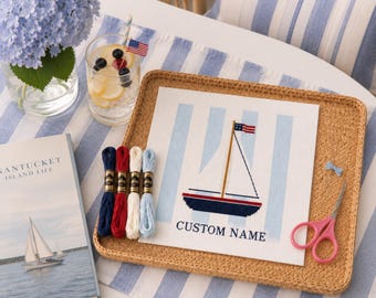 Personalized Sailboat Needlepoint Kit, Coastal Summer DIY Craft, Beach House Embroidery Gift