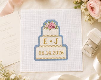 Lienzo de punto de cruz personalizado para bodas • Kit de bordado personalizado para pasteles • Regalo de recuerdo para la fecha de la boda