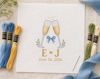 Tela ricamata a punto croce personalizzata con champagne • Kit per ricamo personalizzato con iniziali e data • Regalo ricordo per brindisi di nozze
