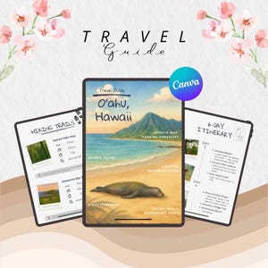 May include: A digital travel guide for O'ahu, Hawaii, featuring a beach scene with a seal, hiking trails, and a 6-day itinerary. The guide includes information on guided tours, camping, and snorkeling spots. The Canva logo is visible.