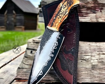 Cuchillo de caza de cobre de Damasco hecho a mano - Mango de resina exótica con protector de cobre - Regalo personalizado para cazadores de camping o Navidad