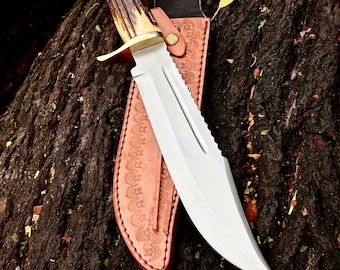Handmade D2 Steel Bowie Hunting Knife: Stag Horn Handle & Leather Sheath-Ideal Knife for Camping-Outdoor