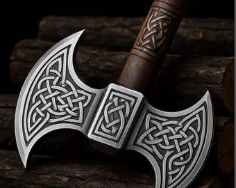 Handgesmeed dubbelkoppige Vikingbijl: koolstofstaal, Keltisch ontwerp Uniek cadeau voor hem