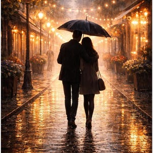 May include: A couple walks arm-in-arm under an umbrella on a rainy cobblestone street. The scene is illuminated by streetlights and string lights, creating a warm, romantic atmosphere. The wet pavement reflects the lights, enhancing the glow.