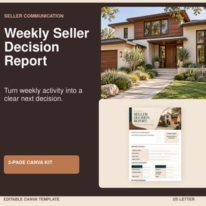 May include: A digital template titled Weekly Seller Decision Report featuring a dark brown background, a photograph of a modern house, and a two-page document layout with fields for property details, listing snapshots, and buyer feedback in US letter size.