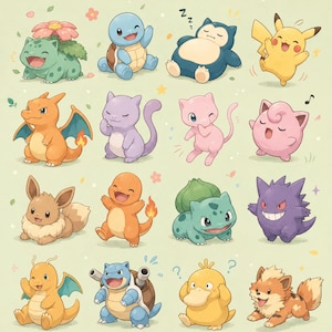 Pokemon PNG svg Bundle |16 Cute Pokemon dito Stickers PNG, Kawaii chibi Pokemon Clipart, Transparent PNG for Cricut,Sublimation & Printables
