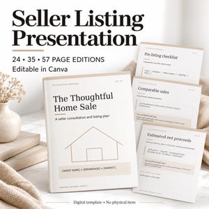 May include: A digital seller listing presentation template titled The Thoughtful Home Sale, featuring a house icon and editable fields for agent details. The set includes multiple pages with sections for pre-listing checklists, comparable sales, and estimated net proceeds.